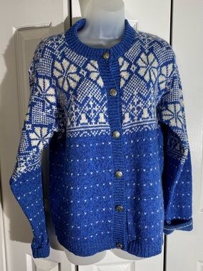 Alps New England Women’s L 100% Pure Wool  Nordic Cardigan Sweater Snowflake A20